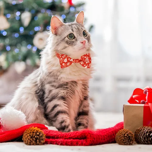 Miniatura 4 de Paquete de 2 collares de pajarita de gato de Navidad con campana, juego de collar ajustable festivo con dijes de árbol y campana, patrones de Papá