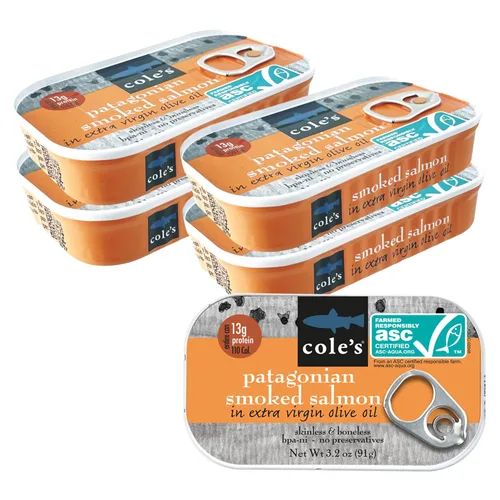 Miniatura 8 de Cole's Filete de Salmón Ahumado Patagónico con Limón y Eneldo en Aceite de Oliva Extra Virgen 3.2 oz Envasado a Mano Salmón Ahumado Enlatado 13g