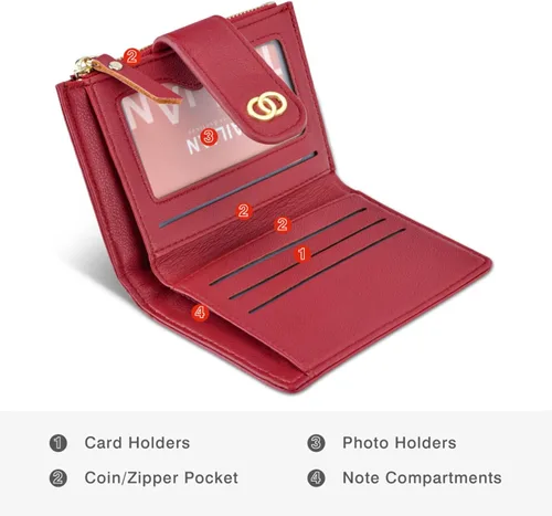 Miniatura 7 de Cartera pequeña para mujer, de cuero, plegable, con bloqueo RFID, tarjetero compacto para tarjetas de crédito, cartera, Negro -, Billetera Billetera