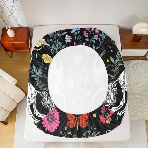 Miniatura 4 de Erosebridal Sábanas de cama de polilla de la muerte, sábana bajera ajustable de calavera gótica, tamaño individual, sábanas florales de flores