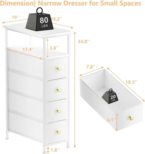 Miniatura 3 de Cómoda estrecha para dormitorio, torre de almacenamiento delgada, cómoda de 4 cajones de tela con estante de madera, organizadores de baño