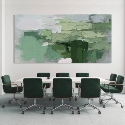 Miniatura 2 de SHEYOYE Lienzo abstracto de montaña gris azul y gris pardo con colinas verde oliva, 32 x 71 pulgadas, decoración de paisaje con textura grande