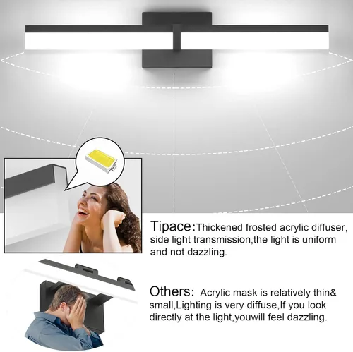 Miniatura 9 de Tipace Lámparas de baño negras de 24 pulgadas, luces LED modernas sobre espejo (luz blanca, 6000 K)