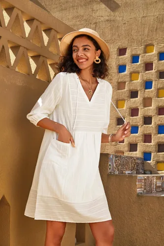 Miniatura 2 de Lafural - Vestido de algodón para verano con cuello en V para mujer, estilo casual, holgado, con manga 34 y bolsillo