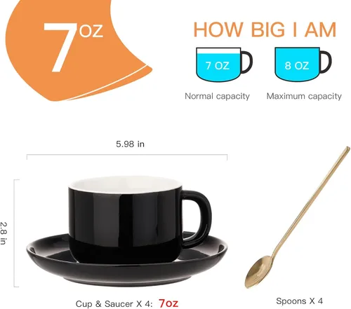 Miniatura 3 de Juego de 4 tazas de capuchino de 8 onzas, tazas de té con platillos y cucharas, tazas de té de cerámica negra, tazas de café para té, capuchino