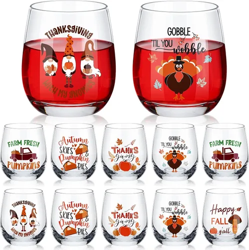 Zhehao 12 vasos de vino sin tallo de Acción de Gracias de 12 onzas, vasos de calabaza y pavo, vasos de vacaciones, regalos ideales para otoño,