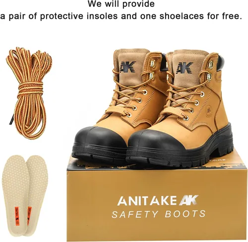 Miniatura 6 de Botas de trabajo con punta de acero para hombre, 6 pulgadas, cuero de grano completo, aislamiento eléctrico, antideslizantes, resistentes a