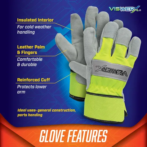 Miniatura 5 de Guante de palma de cuero dividido con forro de alta visibilidad, interior aislado y puño reforzado, guantes de trabajo resistentes, guantes