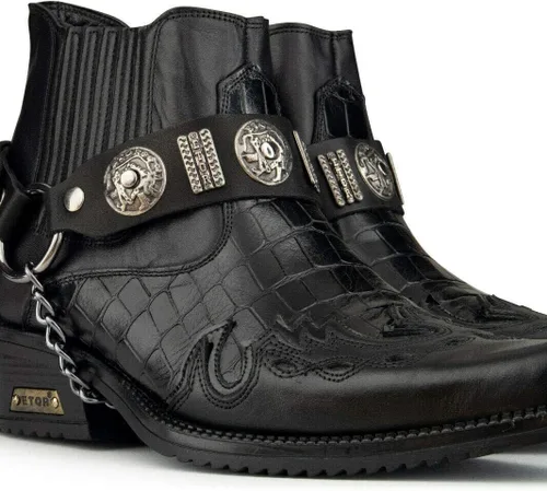 Miniatura 3 de Botines vaqueros de cuero con diseño de cocodrilo para hombre con tacones cubanos y cadena de metal