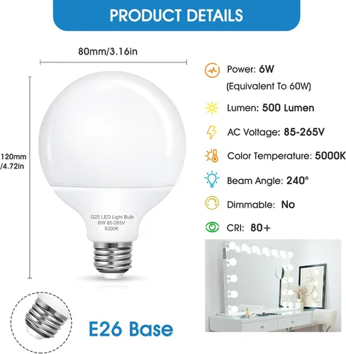Miniatura 2 de Bombillas LED G25, bombilla de tocador para baño, equivalente a 60 W, base E26 blanca de luz diurna de 5000 K, bombilla decorativa redonda