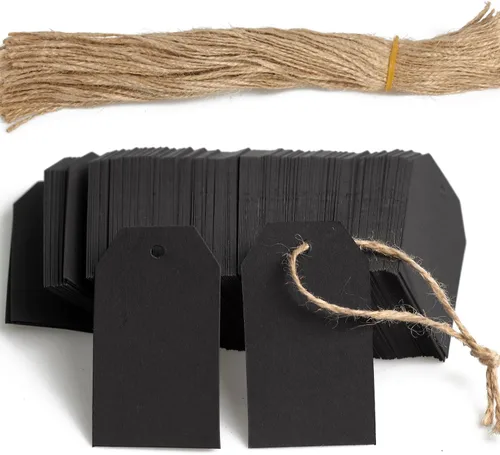 200 etiquetas de regalo de papel con 200 cuerdas de algodón negro, etiquetas colgantes en blanco para regalo de boda, vacaciones (negro)