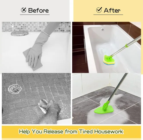 Miniatura 5 de Cepillo de limpieza con mango largo, 2 en 1, extensible, para baño, con 2 cerdas rígidas y 4 esponjas con mango largo, limpiador ligero desmontable