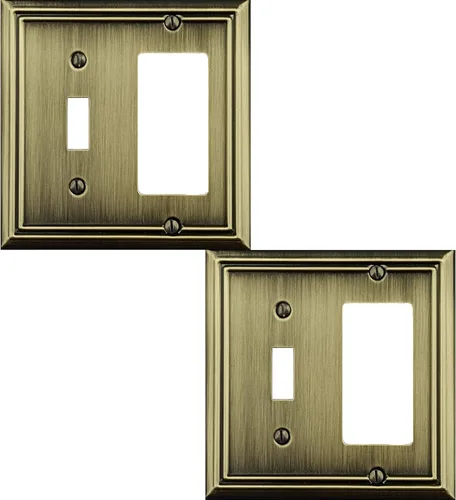 Miniatura 11 de OKAWYC Cubierta de interruptor de luz basculante/duplex Adler, placa de pared de metal, paquete de 2, latón antiguo de 2 bandas, cubierta decorativa