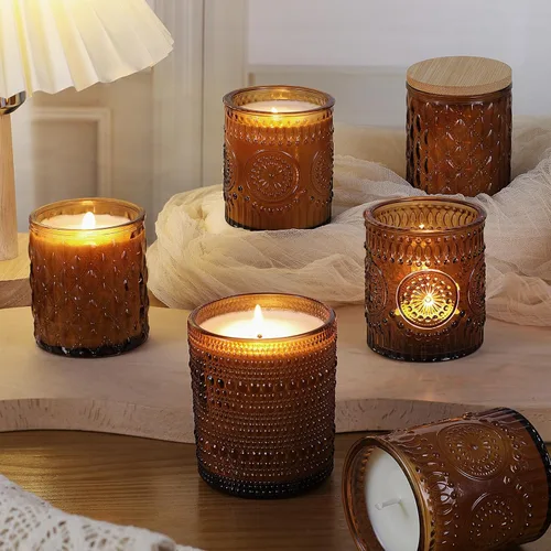 Miniatura 5 de DARJEN Paquete de 12 tarros de vela de ámbar para hacer velas - 3 estilos de tarros de vidrio para hacer velas a granel con tapas de bambú