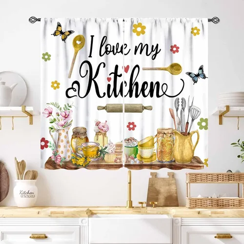 Miniatura 40 de Cortinas Rústicas de Cocina, Tenedor Cuchara Retro Tablón de Madera Granja País Tema de Cocina Citas Divertidas Tratamiento de Ventana