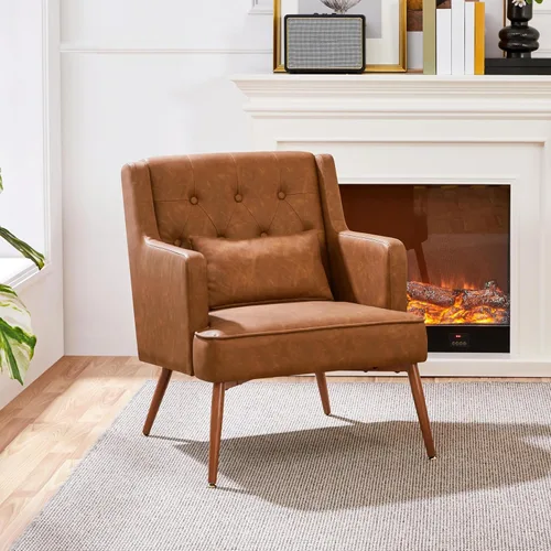 Miniatura 2 de Yaheetech Silla decorativa, silla de sala de estilo Mid Century con cojín lumbar de piel sintética PU, cómoda silla tapizada para leer con patas