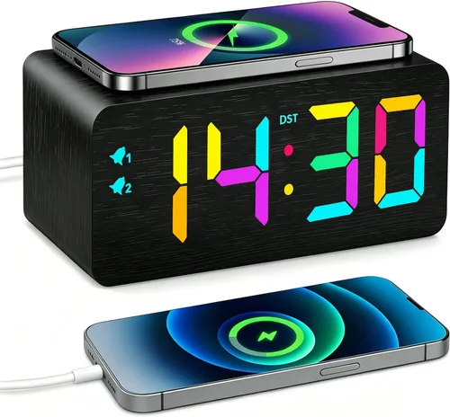 Miniatura 10 de URAYCO Reloj despertador digital de madera con cargador inalámbrico rápido de 10W, puertos de carga USB, DST, atenuable, modo repetición, pantalla