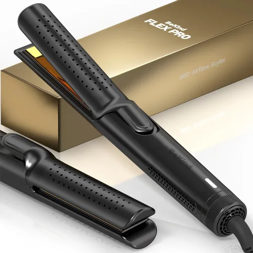 BeKind Flex - Alisador y rizador de pelo 2 en 1, plancha plana de 360° para todos los estilos, diseño de placas flotantes, temperatura más baja Negro
