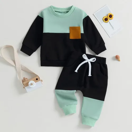 Miniatura 2 de kacubwyy Conjunto de ropa de manga larga con bolsillo y pantalones lisos, para otoño e invierno