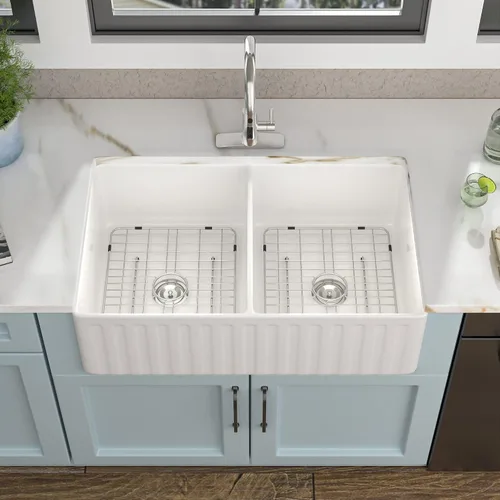 Miniatura 12 de Fregadero de cocina blanco de 32 x 19 pulgadas, cuenco doble de arcilla refractaria de porcelana de cerámica blanca, doble montaje 50/50, montaje