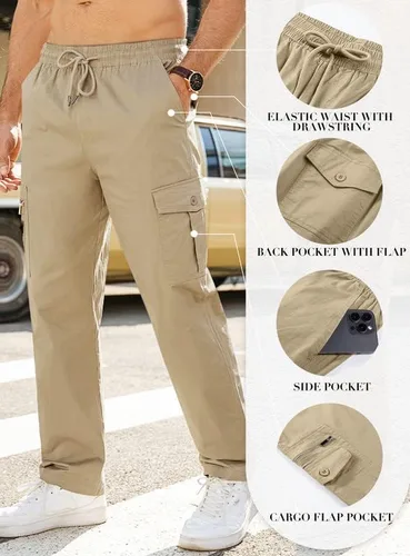 Miniatura 6 de JMIERR Pantalones cargo para hombre, casuales, de algodón, ajuste relajado, cintura elástica, ligeros, con múltiples bolsillos