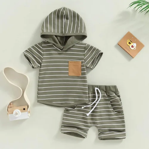 Miniatura 51 de Conjunto de ropa casual de manga corta con botones y pantalones cortos de lino para bebés y niños pequeños