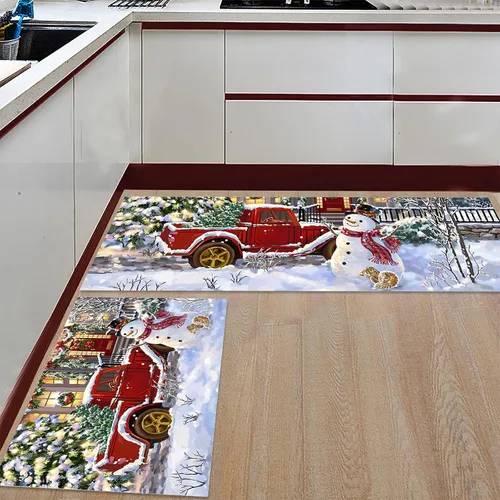 Miniatura 12 de Libaoge Juego de 2 alfombras y tapetes de cocina de invierno de Navidad para Año Nuevo, diseño abstracto de copo de nieve, alce azul, tapete