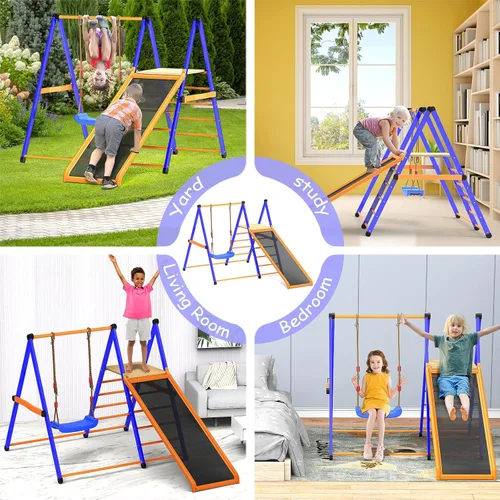 Miniatura 6 de SPIDERCAMP Zona de juegos para interiores, gimnasio de la selva 4 en 1 para niños, juego de escalada interior con tobogán interior, juego de metal