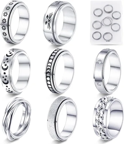 BiCINE Anillo para la ansiedad para mujeres y hombres 8 unidades anillos para la ansiedad de acero inoxidable anti ansiedad anillos giratorios