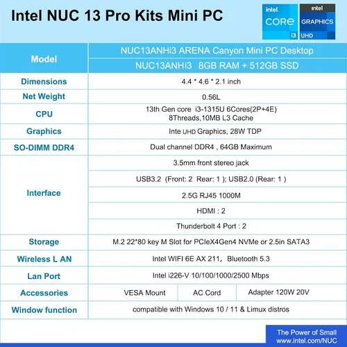 Miniatura 4 de Intel NUC 13 Pro, NUC13ANHi3 Mini PC versátil de 8 GB de RAM y 512 GB SSD con procesador Core i3-1315U