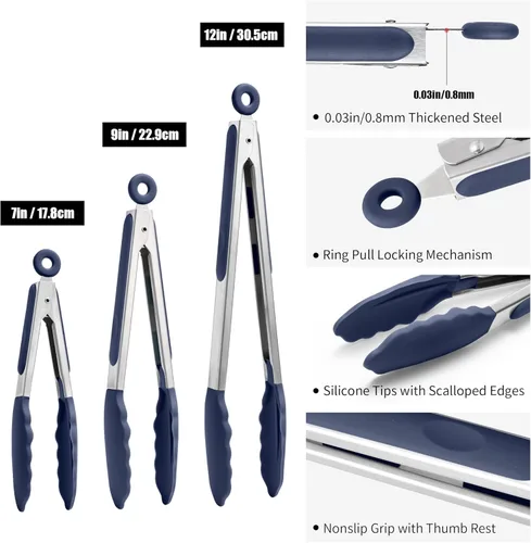 Miniatura 2 de Doosu Pinzas de cocina para cocinar: juego de pinzas para alimentos resistentes al calor de 600 °F con puntas de silicona antiarañazos, pinza