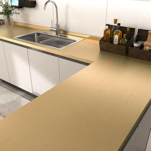 Miniatura 2 de Wallercity Papel adhesivo de acero inoxidable dorado cepillado para encimeras, papel tapiz metálico dorado para despegar y pegar, envoltura