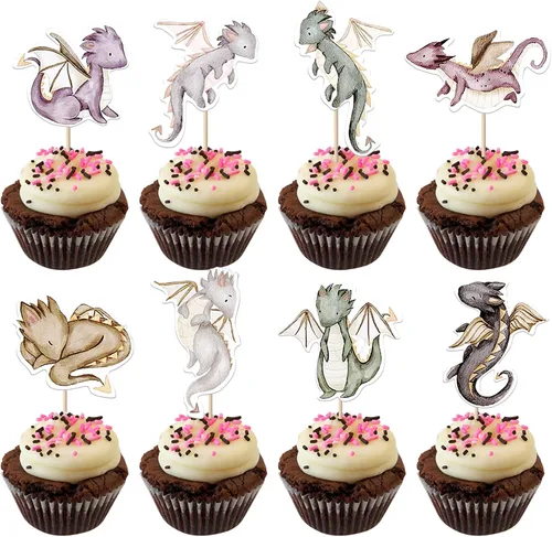 Miniatura 9 de Paquete de 24 adornos para cupcakes de dragón con purpurina de fantasía, para cumpleaños, temática de dragón volador, baby shower, fiesta