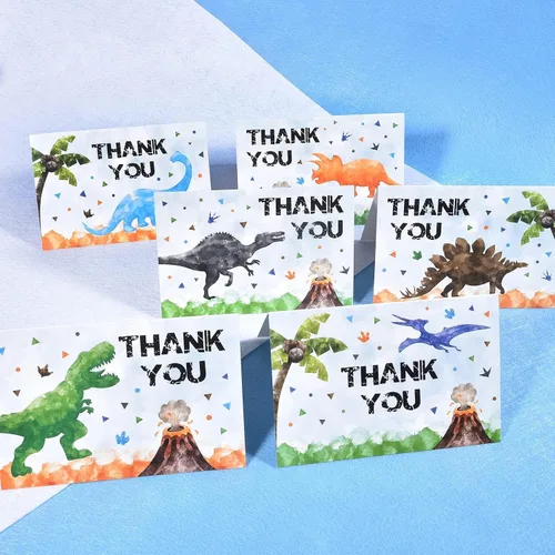 Miniatura 7 de WERNNSAI 24 tarjetas de agradecimiento de dinosaurio, decoraciones de fiesta de dinosaurios, tarjetas de agradecimiento para niños con sobres, Niño