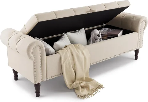 Cozyman Banco otomano de almacenamiento, banco de ventana con brazo enrollado de lino de 61 pulgadas, banco de ventana con botón copetudo y ribete