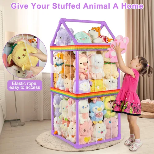Miniatura 4 de Basumee Almacenamiento de animales de peluche, zoológico, para niños, con dos correas de arco iris, tubo de PVC, organizador de almacenamiento