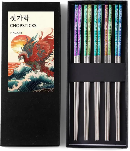 Miniatura 8 de Phoenix Palillos de metal reutilizables, diseñados en Corea, estilo japonés, acero inoxidable 316 18/10, antideslizantes, aptos para lavavajillas