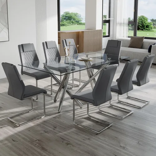 Miniatura 21 de Ebullient Moderno juego de mesa de comedor para 6, mesa de comedor de cristal de 71 pulgadas y patas de mesa de metal dorado, mesas de comedor