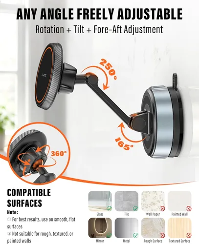 Miniatura 7 de A2C Soporte de teléfono de ducha para MagSafe, soporte de teléfono reutilizable con ventosa de bloqueo de gel con brazo ajustable de doble pivote