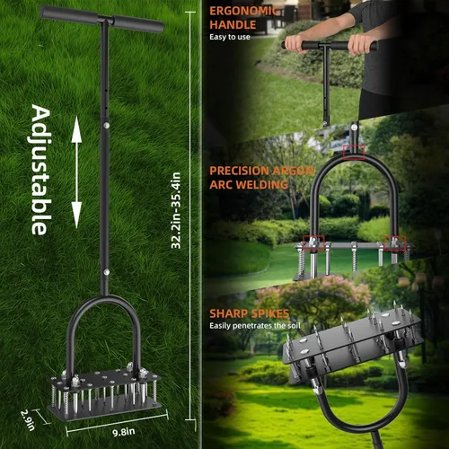 Miniatura 2 de GAINO Aireador manual para césped con 15 puntas, aireador ajustable de 32 a 35 pulgadas con mango en T para césped, diseño de expulsión automática