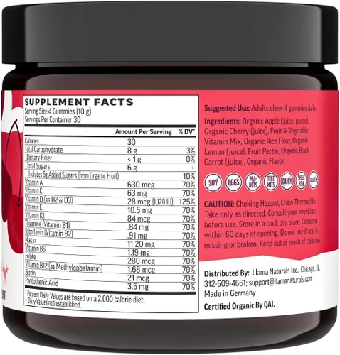 Miniatura 8 de Llama Naturals Multivitamin para Mujeres y Hombres, Gomitas Veganas y Orgánicas con Vitamina D, C y K, Vitaminas de Fruta Real para Adultos