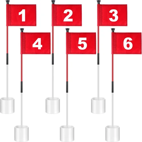 Lenwen Juego de 6 palos de bandera de golf, pin de golf, juego de tazas con agujeros para poner postes verdes, práctica de nailon, portátil, regalos