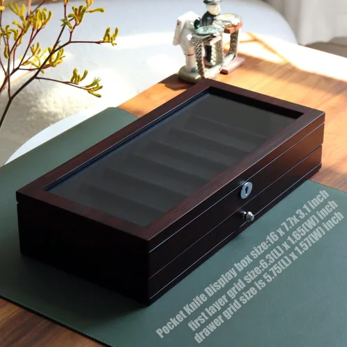 Miniatura 5 de Estuche de exhibición de cuchillos de dos niveles, caja de almacenamiento para cuchillos de bolsillo de 15 a 17 cuchillos de bolsillo, estuche Chapa