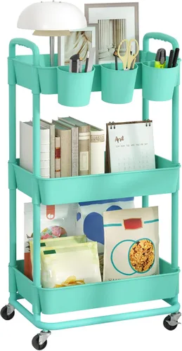 Miniatura 14 de JIUYOTREE - Carro utilitario de almacenamiento rodante de plástico de 3 niveles con tazas colgantes extra, mangos, ruedas con bloqueo para sala