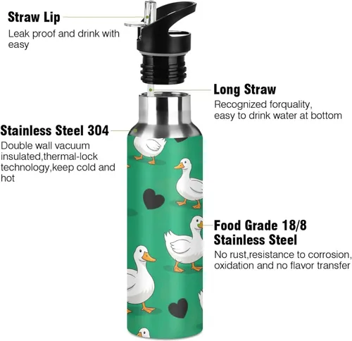 Miniatura 3 de Cartoon White Ducks Green Stainless Steel Water Bottle 20 Oz Leakproof Water Bottles, BPA-Free Sport Water Bottle Insulated