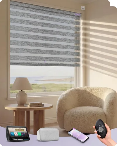 Miniatura 11 de Graywind Persianas motorizadas de cebra para ventanas, persianas inteligentes 100 % opacas con control remoto, persianas de cebra personalizadas