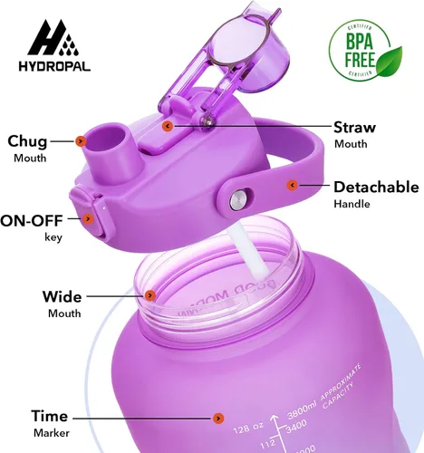 Miniatura 3 de Botella de agua de un galón con popote, 128 onzas (3.8 L), libre de BPA - Innovadora botella deportiva con tapa 2 en 1 con recordatorios Jacaranda