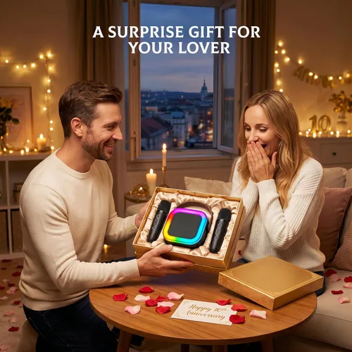 Miniatura 7 de IROO - Máquina de karaoke para niños y adultos, minialtavoz Bluetooth portátil con 2 micrófonos inalámbricos y luces de fiesta, para celular, regalo