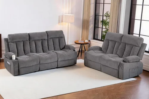 Miniatura 17 de Juego de sofá reclinable manual, 3 piezas con bolsillos laterales, portavasos para cine en casa, oficina (azul, sofá biplaza+silla)