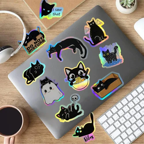 Miniatura 7 de 110 calcomanías holográficas de gato negro, divertidas y lindas calcomanías de vinilo de gato vacío, calcomanías impermeables con brillo de arcoíris
